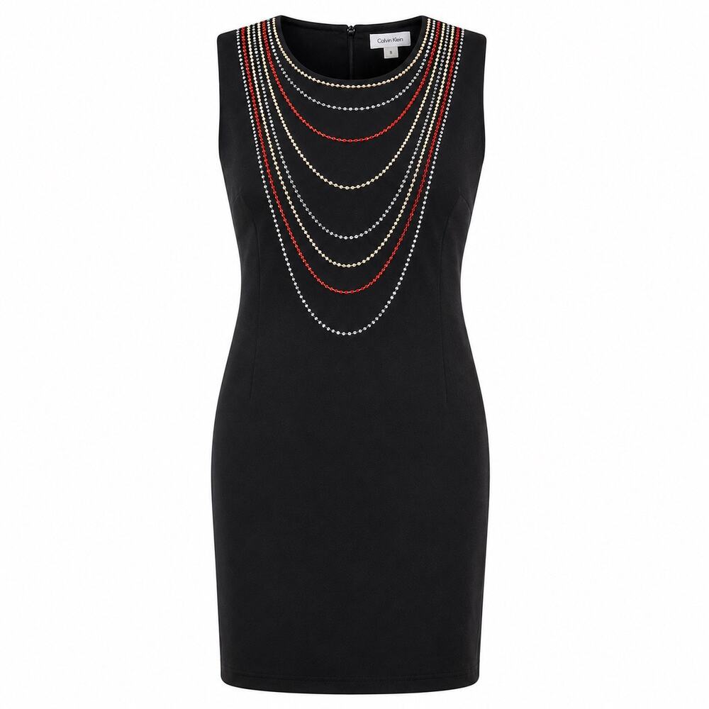 Calvin Klein Dress Size 8 Black Red Gold Jeweled Embellished Holiday Party Date